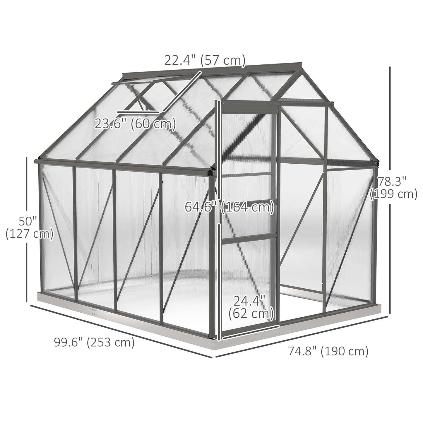 Outsunny 6' x 12' x 6.5' Walk-in Greenhouse, Polycarbonate Greenhouse with Adjustable Roof Vent, Base, Sliding Door, Clear