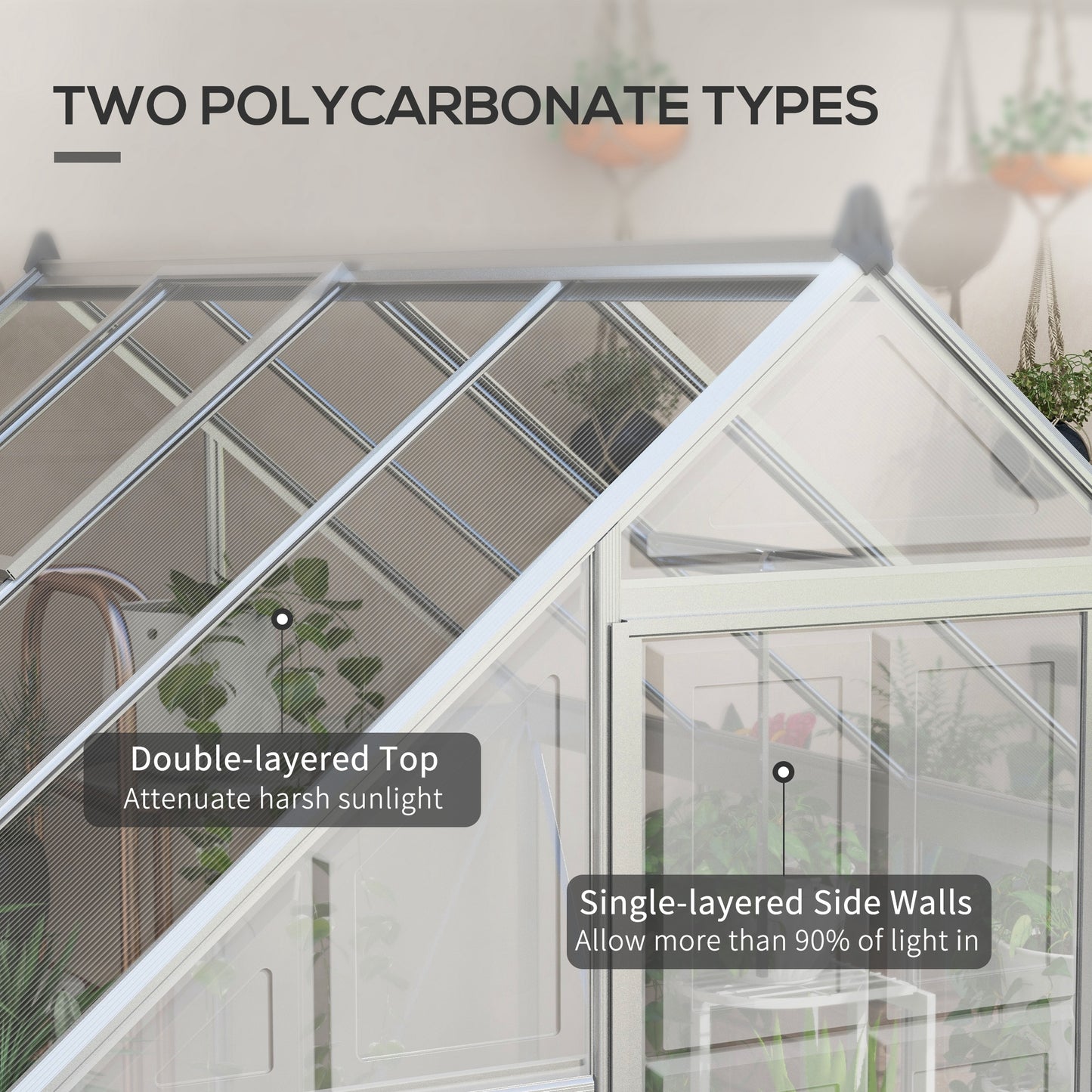 Outsunny 6' x 8' Walk-in Polycarbonate Greenhouse Aluminium Green House with 2 PC Panel Types, 5-Level Roof Vent, Rain Gutter