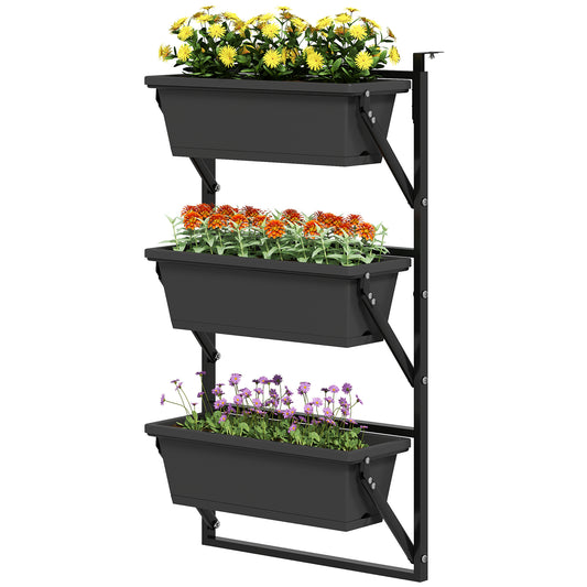 Outsunny 3-Tier Wall-Mounted Planter Box with 3 Pots, Vertical Planters for Outdoor Plants, Dark Grey