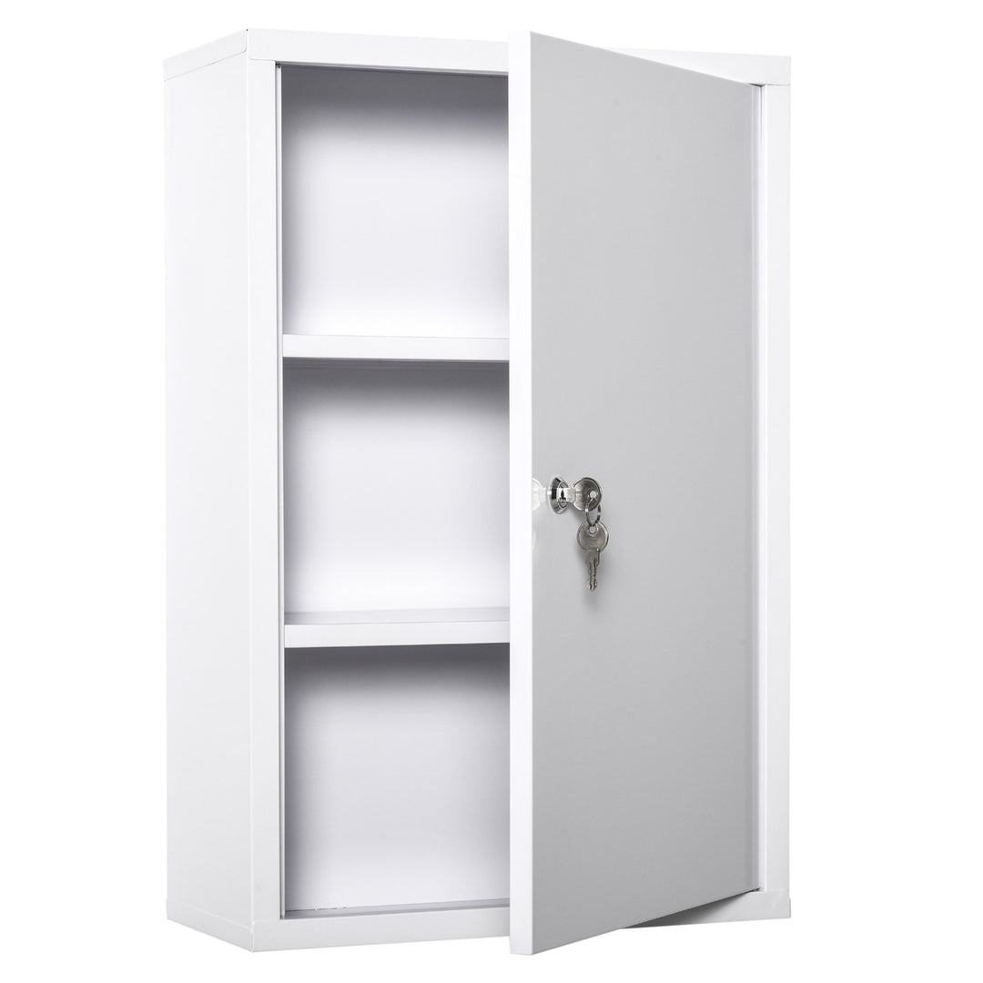 kleankin Wall Mount Medicine Cabinet 3 Tier Steel Emergency Box for Bathroom, Lockable with 2 Keys, White