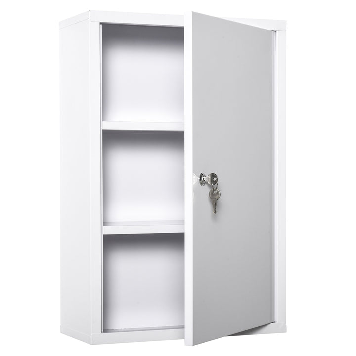 kleankin Wall Mount Medicine Cabinet 3 Tier Steel Emergency Box for Bathroom, Lockable with 2 Keys, White