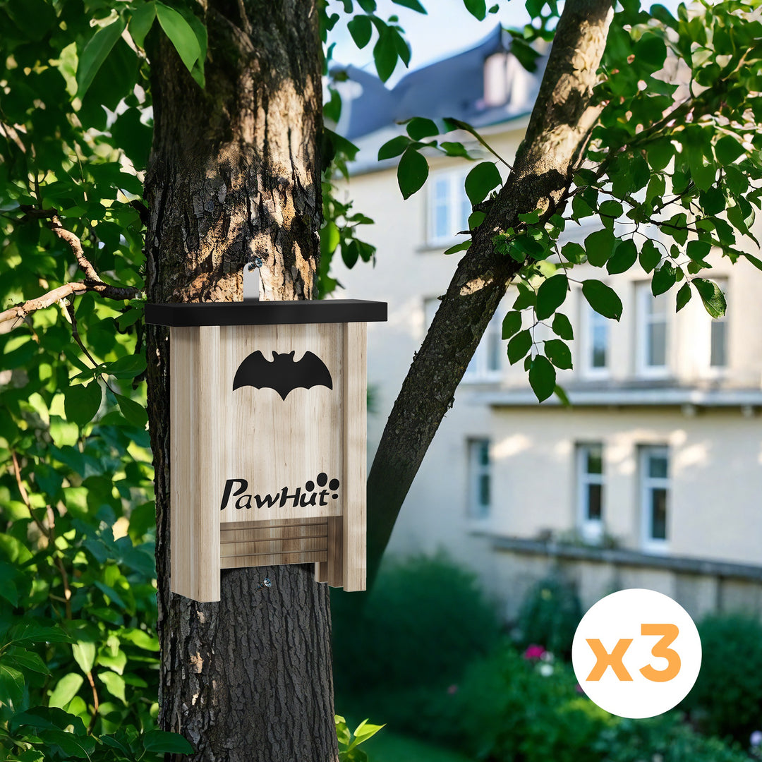 PawHut 3PCs Wooden Bat Boxes, Bat Houses Designed to Attract Bats & Easy to Hang for Outdoor, Garden, Farm, 18 x 6 x 22.5 cm