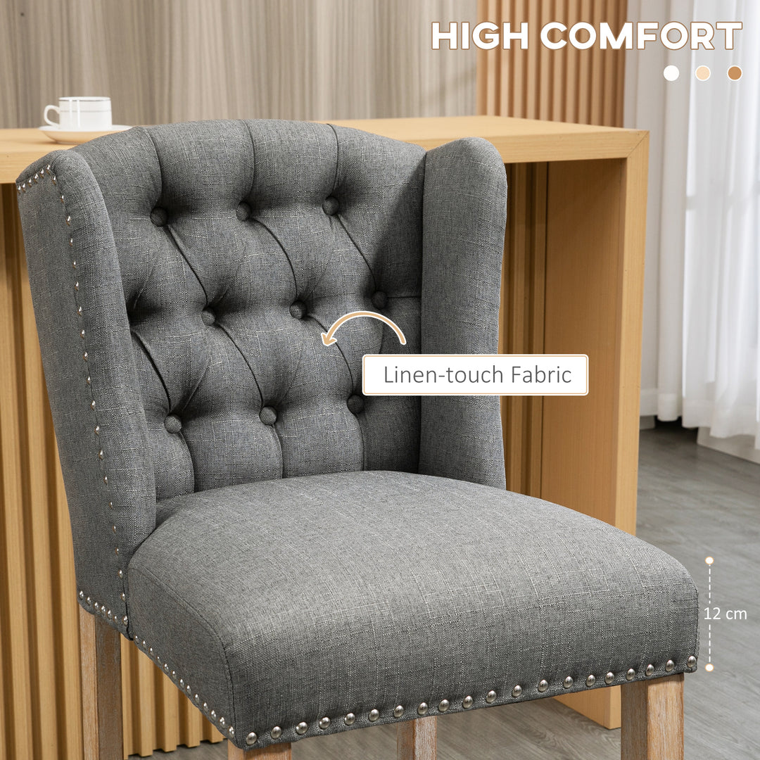 HOMCOM Counter Height Bar Stools Set of 2, Upholstered Bar Chairs with Nailhead Backrest and Footrest, Charcoal Grey