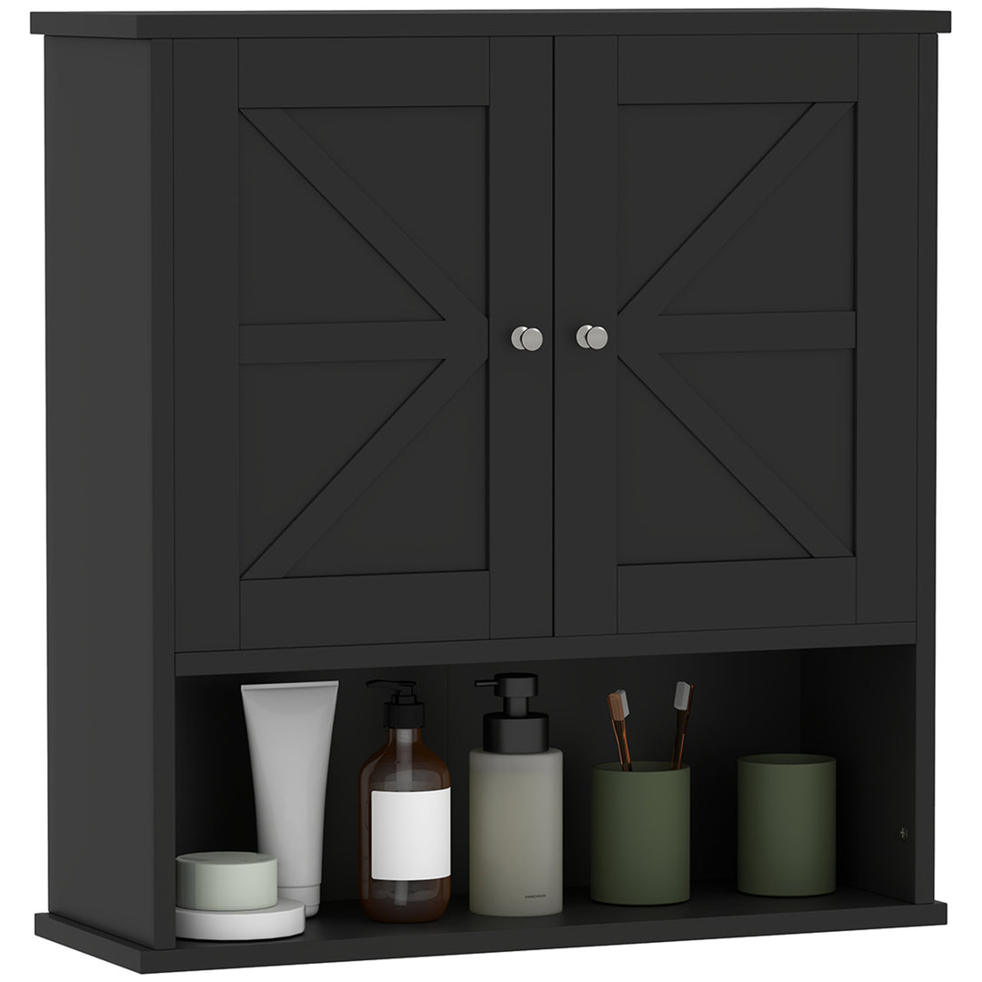 kleankin Farmhouse Bathroom Medicine Cabinet, Wall Cabinet with Barn Doors, and Adjustable Shelf for Laundry Room, Black