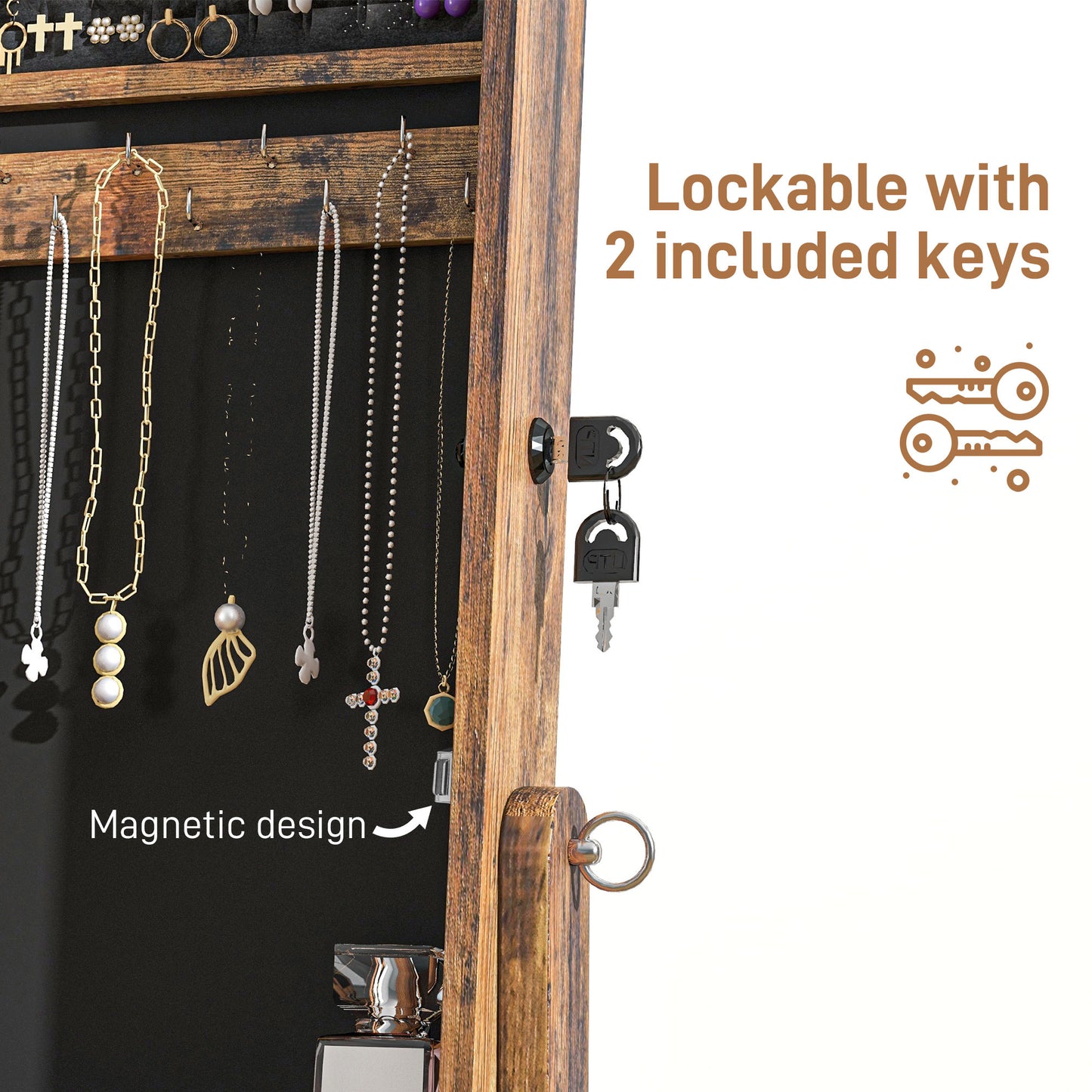 HOMCOM Mirror Jewelry Cabinet Armoire, Lockable Jewelry Organizer with Full-Length Mirror, 3 Angle Adjustable, Grey