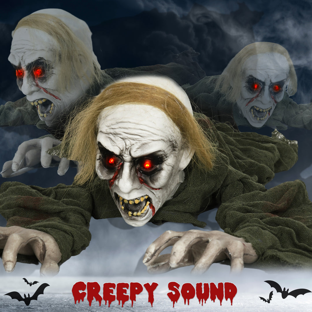 HOMCOM 66" Outdoor Halloween Decoration Crawling Zombie, Animated Prop Decor with Sound Activated, Light Up Eyes