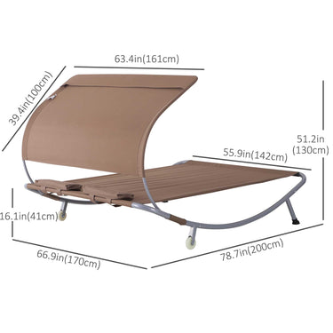 Outsunny 79" Outdoor Lounge Chair with Canopy, Double Chaise Lounger Hammock Bed w/ Pillow and Wheels, Brown