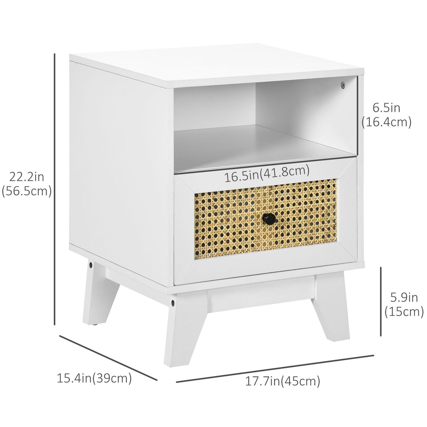 HOMCOM Bedside Table with Rattan Element, Side End Table with Drawer and Shelf, 17.7"x15.4"x22.2", White