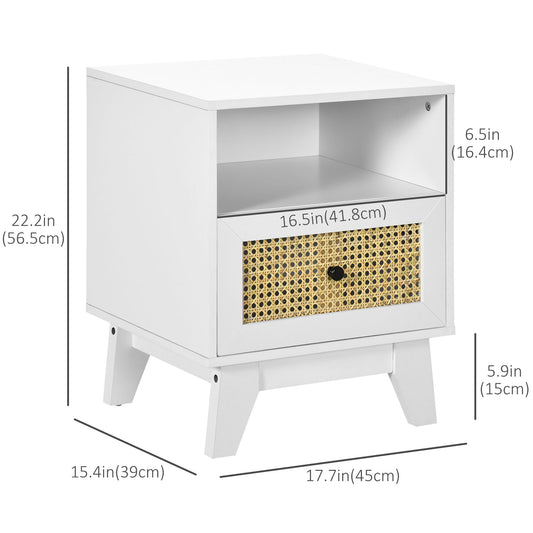 HOMCOM Bedside Table with Rattan Element, Side End Table with Drawer and Shelf, 17.7"x15.4"x22.2", White