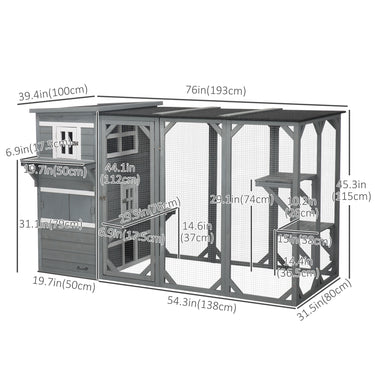 PawHut Wooden Cat Catio, 76"L Walk in Outdoor Cat House with Asphalt Roof, Platforms, Lockable Doors, 3-tier Resting Condo, Observation Window, for 2-3 Cats, Light Grey