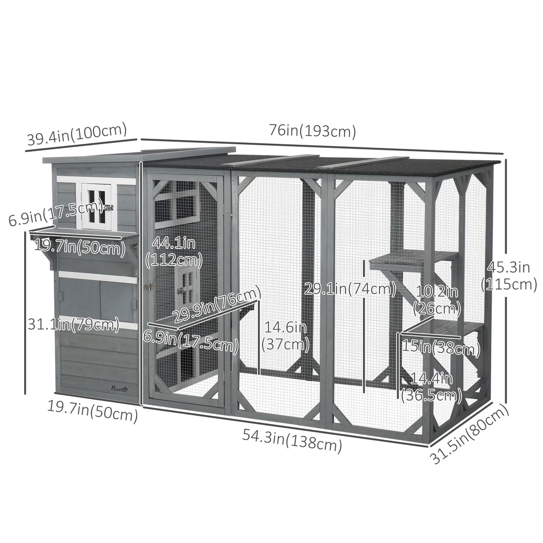 PawHut Wooden Cat Catio, 76"L Walk in Outdoor Cat House with Asphalt Roof, Platforms, Lockable Doors, 3-tier Resting Condo, Observation Window, for 2-3 Cats, Light Grey