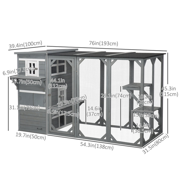 PawHut Wooden Cat Catio, 76"L Walk in Outdoor Cat House with Asphalt Roof, Platforms, Lockable Doors, 3-tier Resting Condo, Observation Window, for 2-3 Cats, Light Grey