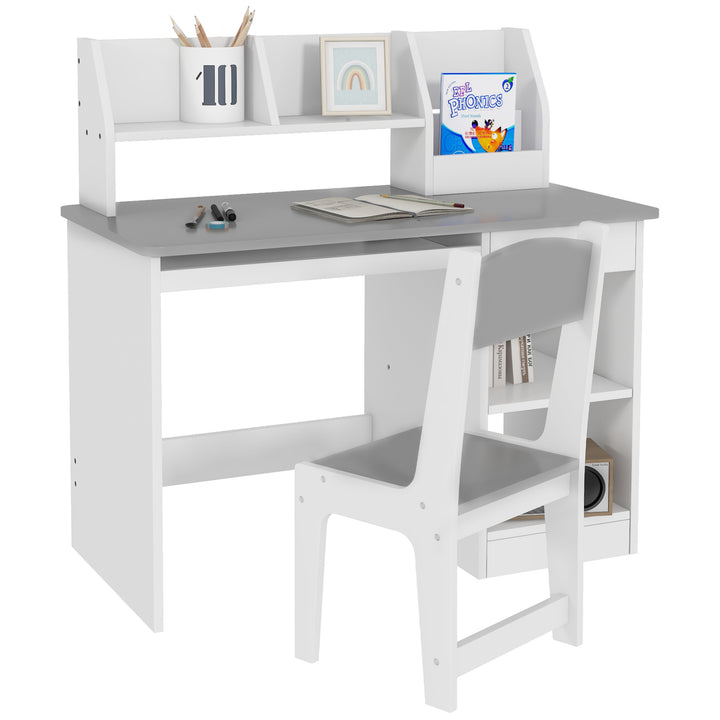Qaba Kids Desk and Chair Set for 5-8 Year Old with Storage, Study Table and Chair for Children, White