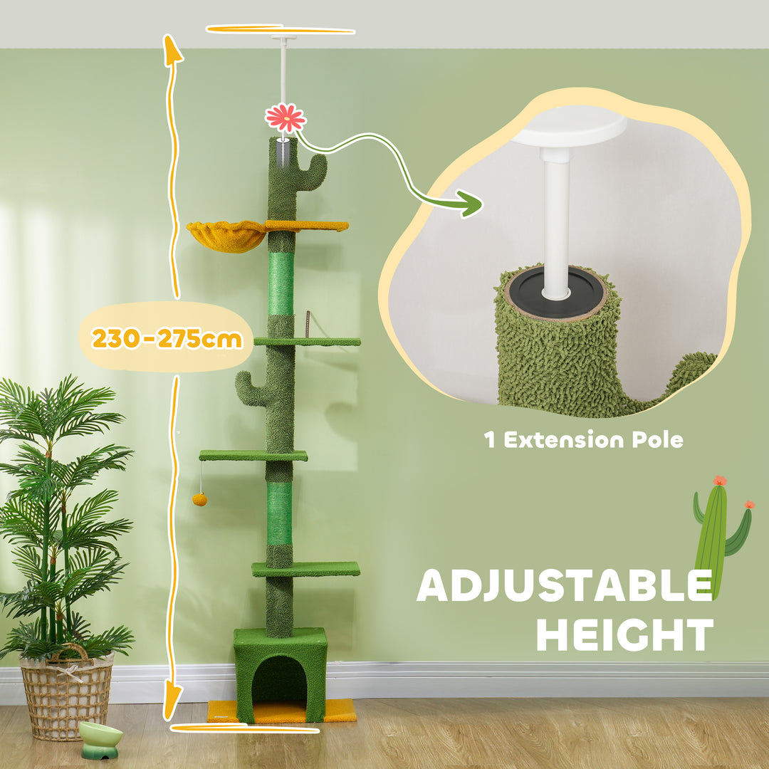 PawHut Floor to Ceiling Cat TreeTower with 90.5"-108" Adjustable Height, Scratching Posts, Hammock, Comdo, Toy Ball, Light Grey