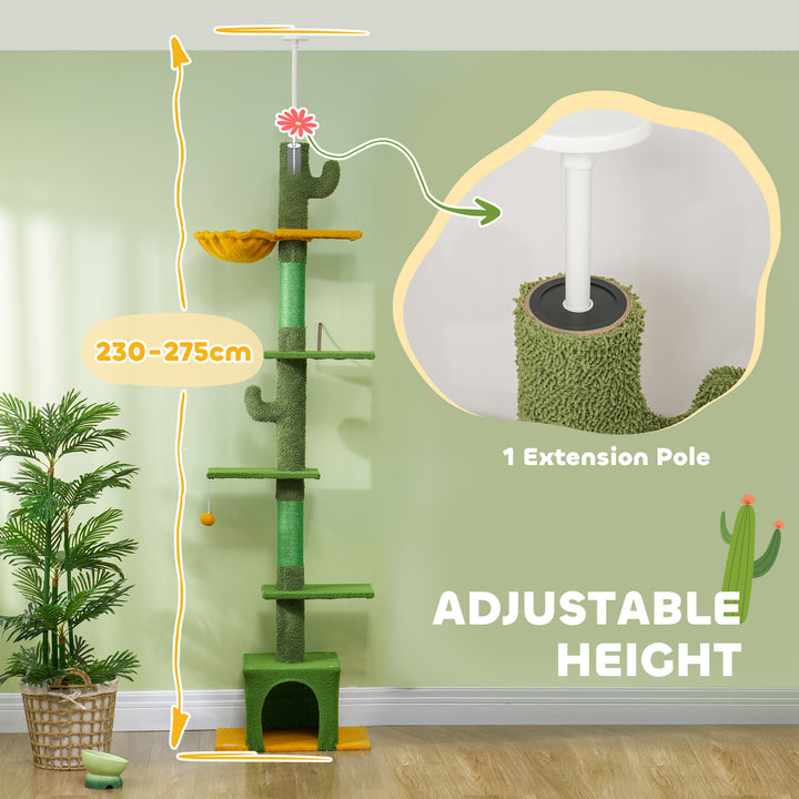 PawHut Floor to Ceiling Cat TreeTower with 90.5"-108" Adjustable Height, Scratching Posts, Hammock, Comdo, Toy Ball, Light Grey