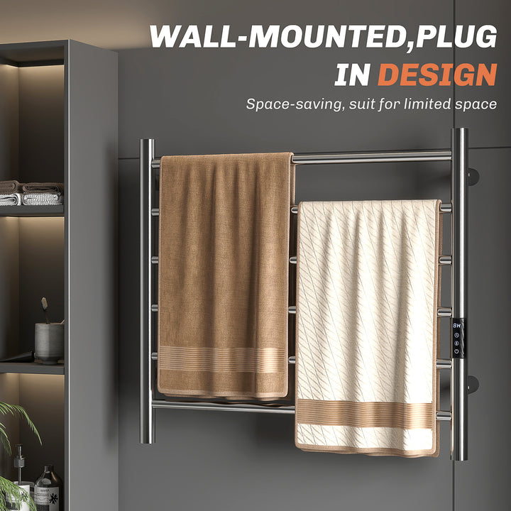 HOMCOM Towel Warmer, Stainless Steel Smart WiFi Heated Towel Rack, Wall Mounted with 6 Bars and Adjustable Temperature, Silver