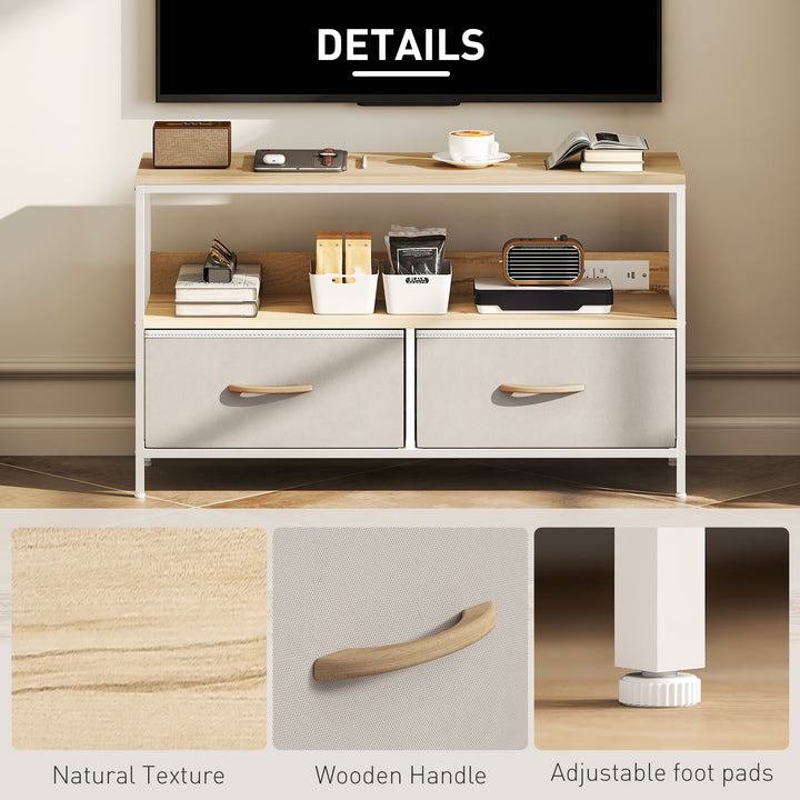 HOMCOM TV Stand with Charging Station, TV Table with 2 Foldable Linen Drawers and Open Shelf for 47 Inch TV, Rustic Brown