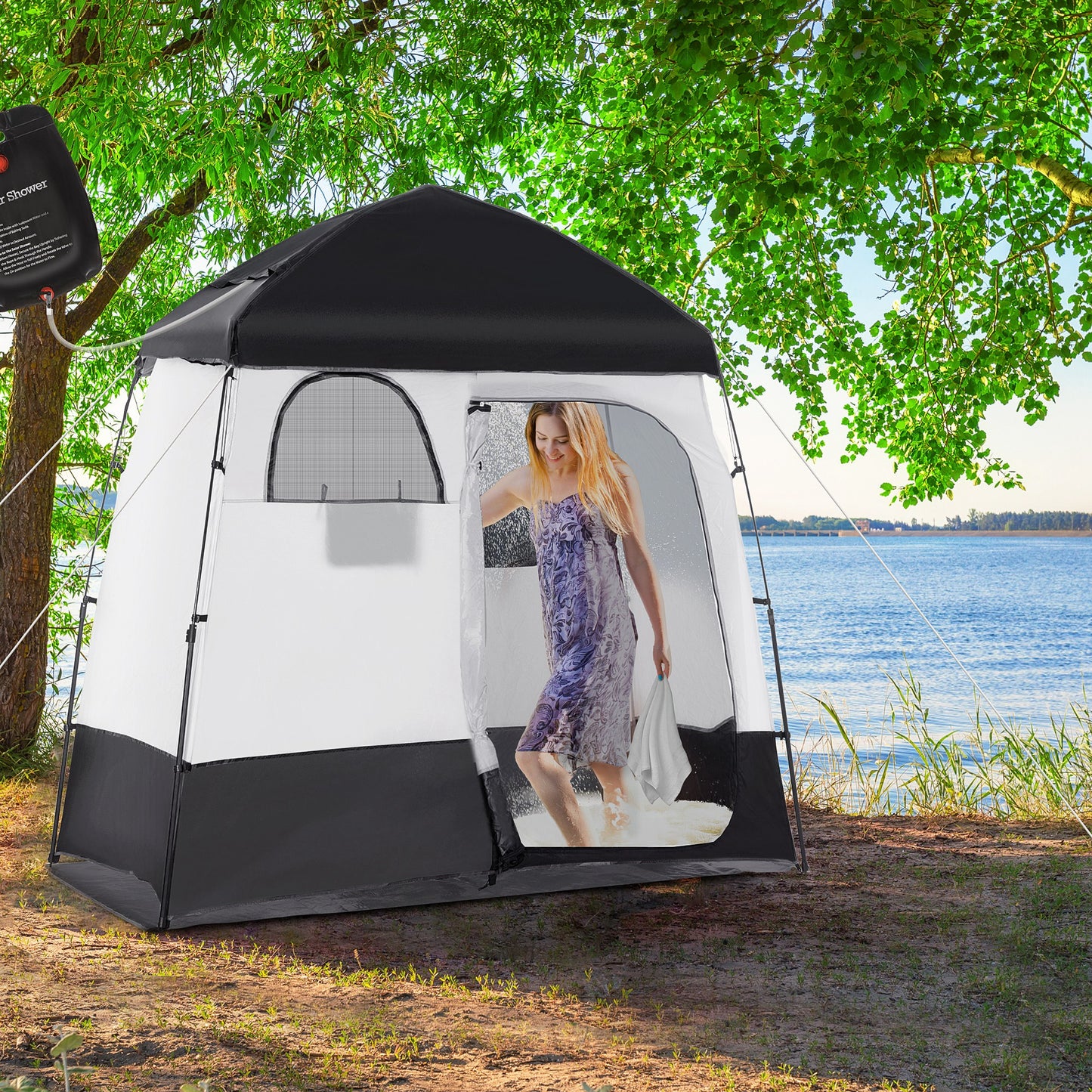 Outsunny Outdoor Portable Pop Up Shower Tent Changing Tent Privacy Enclosure with 2 Rooms, Shower Bag, Floor for Camping, Black