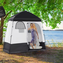 Outsunny Outdoor Portable Pop Up Shower Tent Changing Tent Privacy Enclosure with 2 Rooms, Shower Bag, Floor for Camping, Black