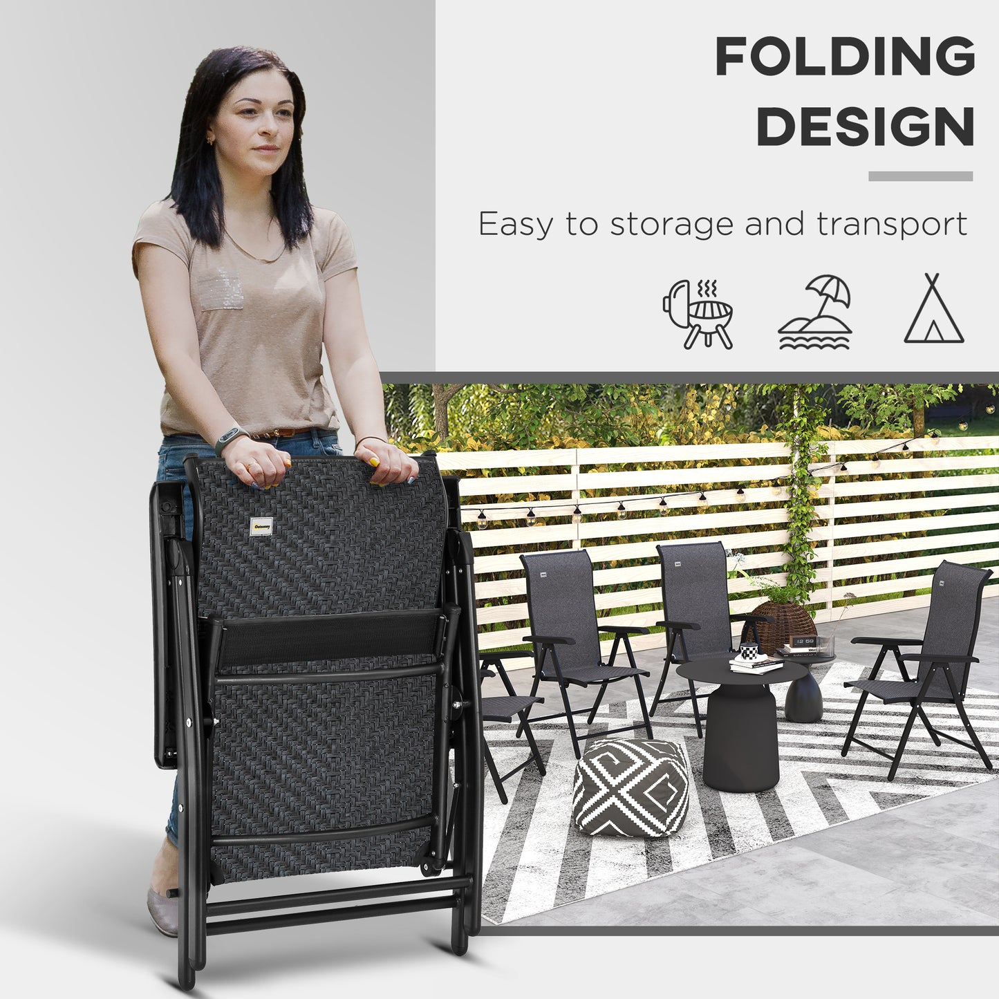 Outsunny 2PCs Outdoor Wicker Folding Chairs with Adjustable Backrest, Grey