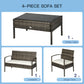 Outsunny 4 Pieces Patio Furniture Sets with A Loveseat, Two Armchairs and A Coffee Table, Outdoor Conversation Set with Glass Top Table, Grey PE Rattan and Cream White Cushions