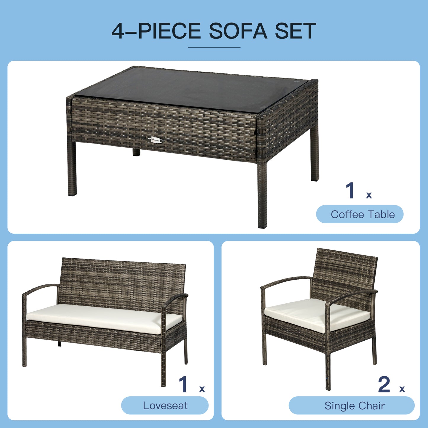 Outsunny 4 Pieces Patio Furniture Sets with A Loveseat, Two Armchairs and A Coffee Table, Outdoor Conversation Set with Glass Top Table, Grey PE Rattan and Cream White Cushions