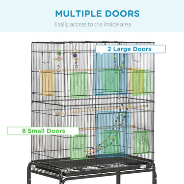 PawHut 52" Bird Cage with Rolling Stand, Toys, for Budgies Canaries Black
