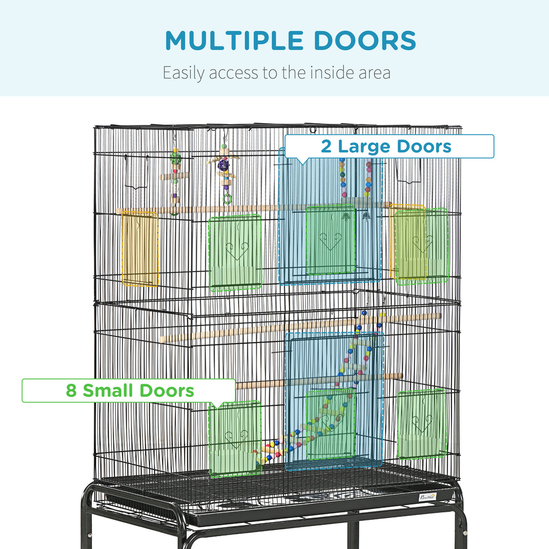 PawHut 52" Bird Cage with Rolling Stand, Toys, for Budgies Canaries Black