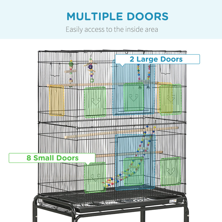 PawHut 52" Bird Cage with Rolling Stand, Toys, for Budgies Canaries Black