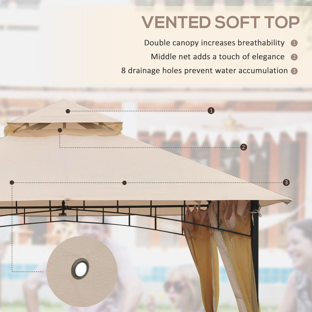Outsunny 10' x 10' Double Tier Garden Gazebo Canopy Outdoor Sunshade Tent Water-Resistant Anti-UV Roof with Metal Frame and Mesh Sidewalls, Beige