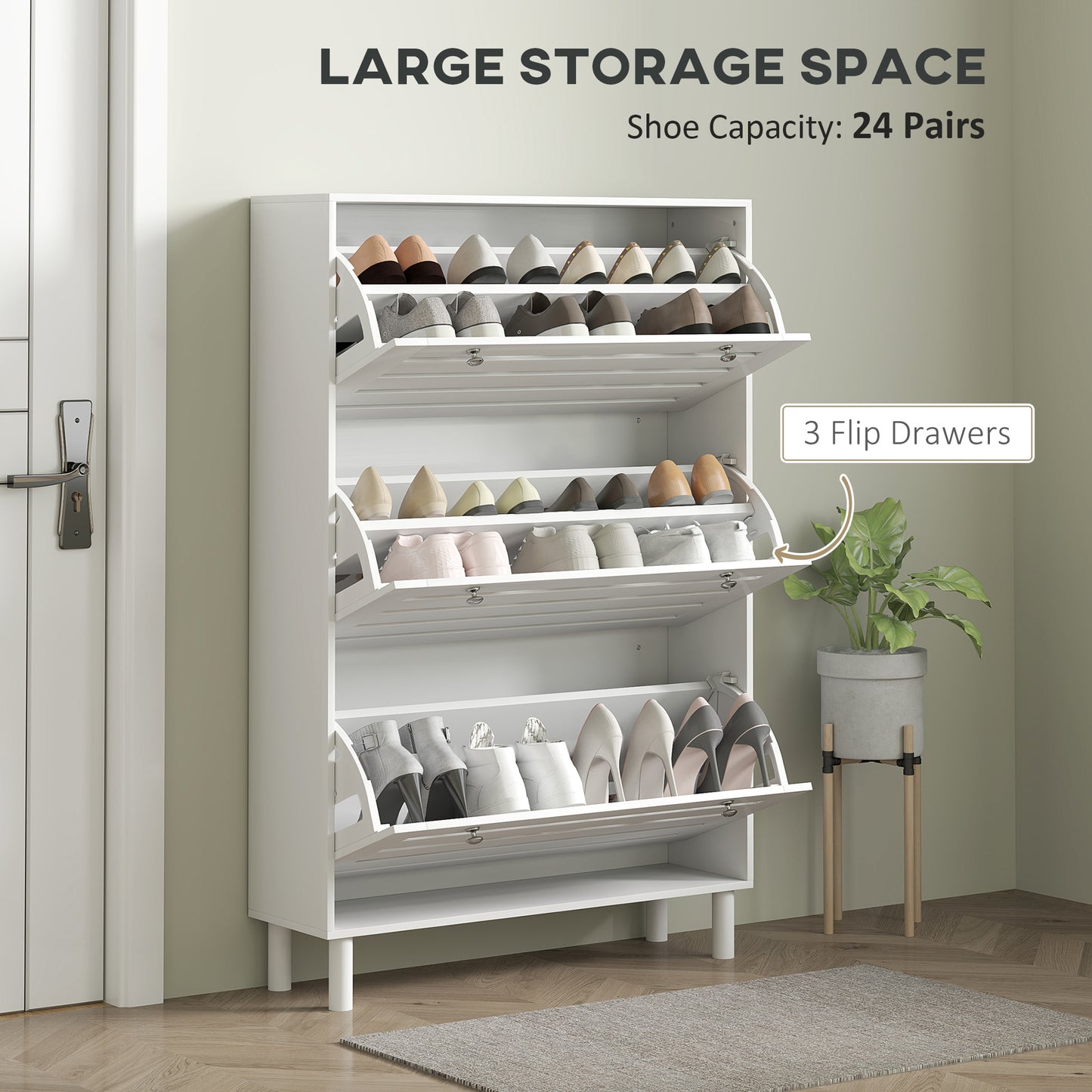 HOMCOM Narrow Shoe Storage Cabinet, 3 Flip Drawers, Adjustable Shelves, 24 Pairs Capacity, White