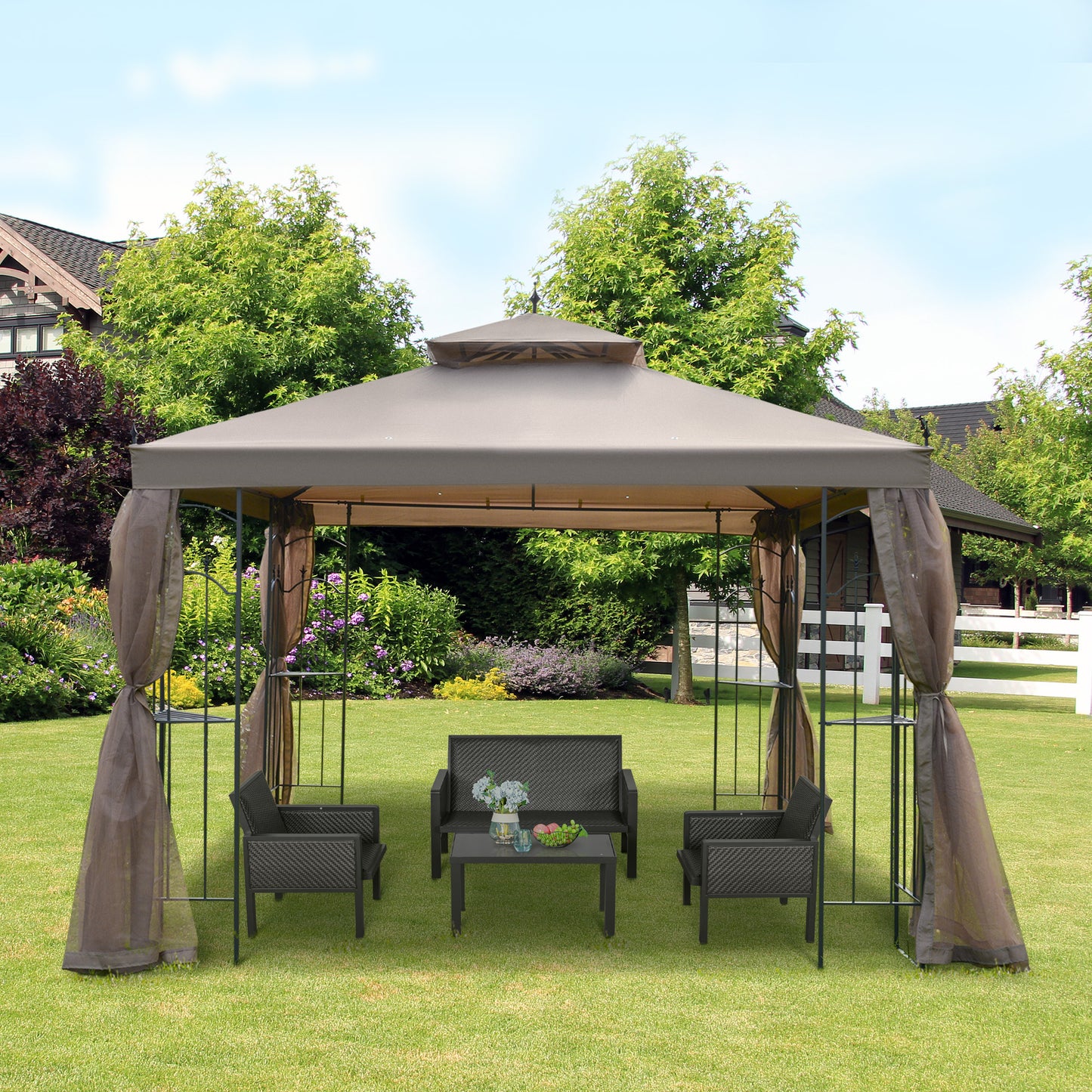 Outsunny 10' x 10' Steel Outdoor Patio Gazebo Canopy with Removable Mesh Curtains, Display Shelves, & Steel Frame, Grey