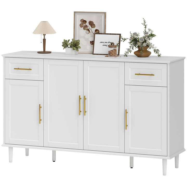 HOMCOM 55" Buffet Cabinet with Soft-Close Doors, Modern Sideboard with 2 Drawers, 3 Adjustable Shelves and 4 Doors, White