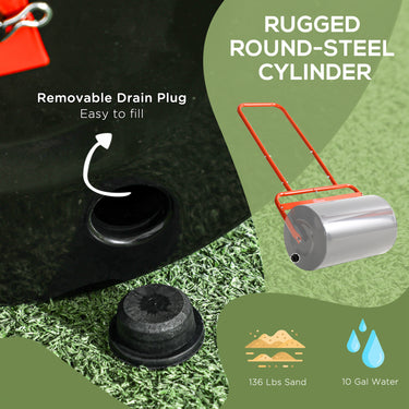 Outsunny Heavy Duty Lawn Roller, 20" Push/Tow Behind Sod Roller, Grass Flattener Filled with 11gal Water/136lbs Sand, Red