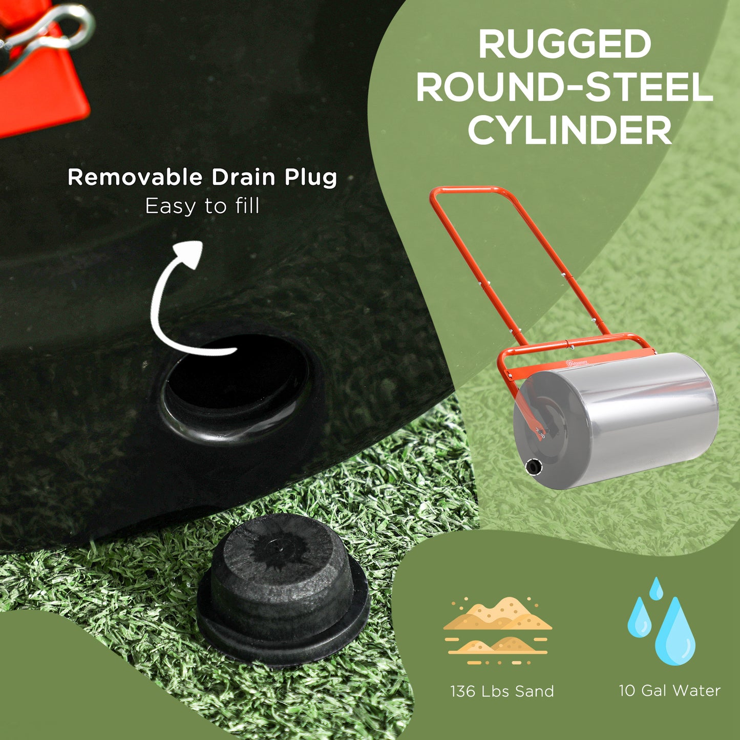 Outsunny Heavy Duty Lawn Roller, 20" Push/Tow Behind Sod Roller, Grass Flattener Filled with 11gal Water/136lbs Sand, Black