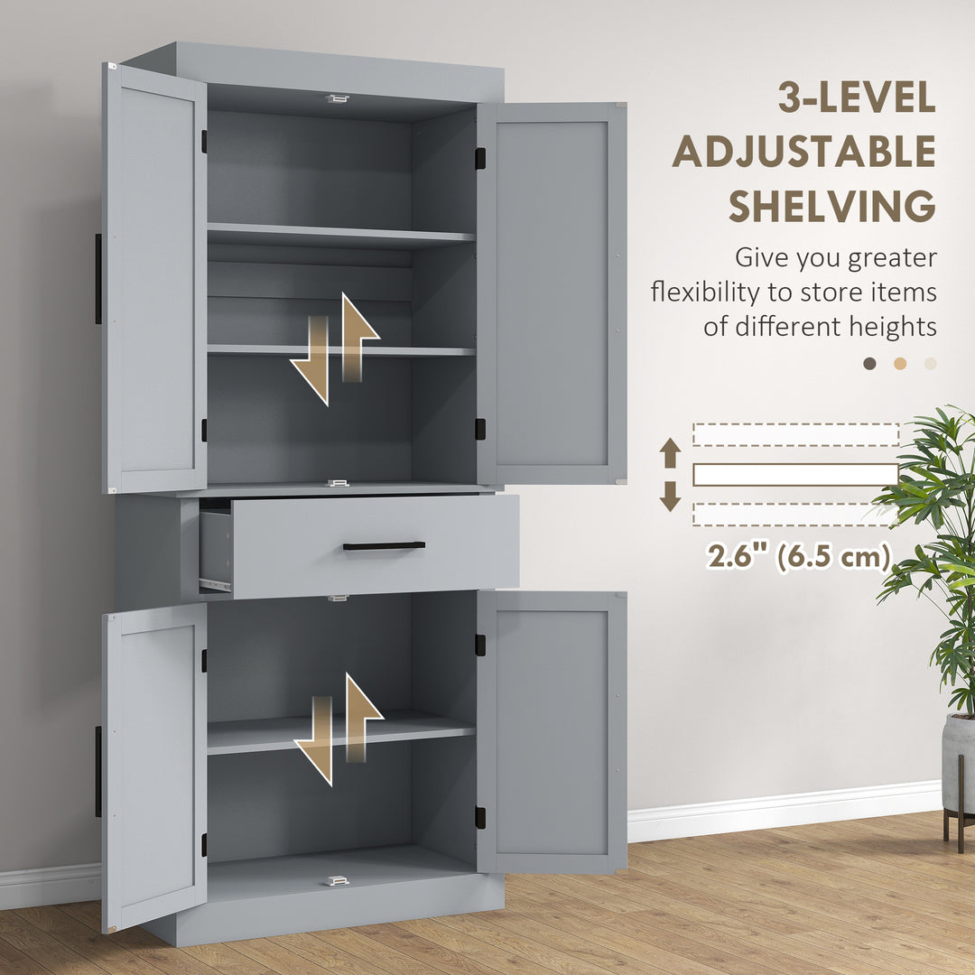 HOMCOM 72" Kitchen Storage Cabinet, Farmhouse Kitchen Pantry Cabinet with 4 Barn Doors, Drawer, Adjustable Shelves, Grey