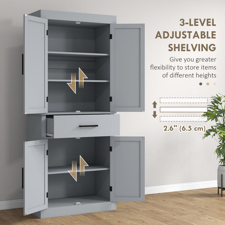 HOMCOM 72" Kitchen Storage Cabinet, Farmhouse Kitchen Pantry Cabinet with 4 Barn Doors, Drawer, Adjustable Shelves, Grey
