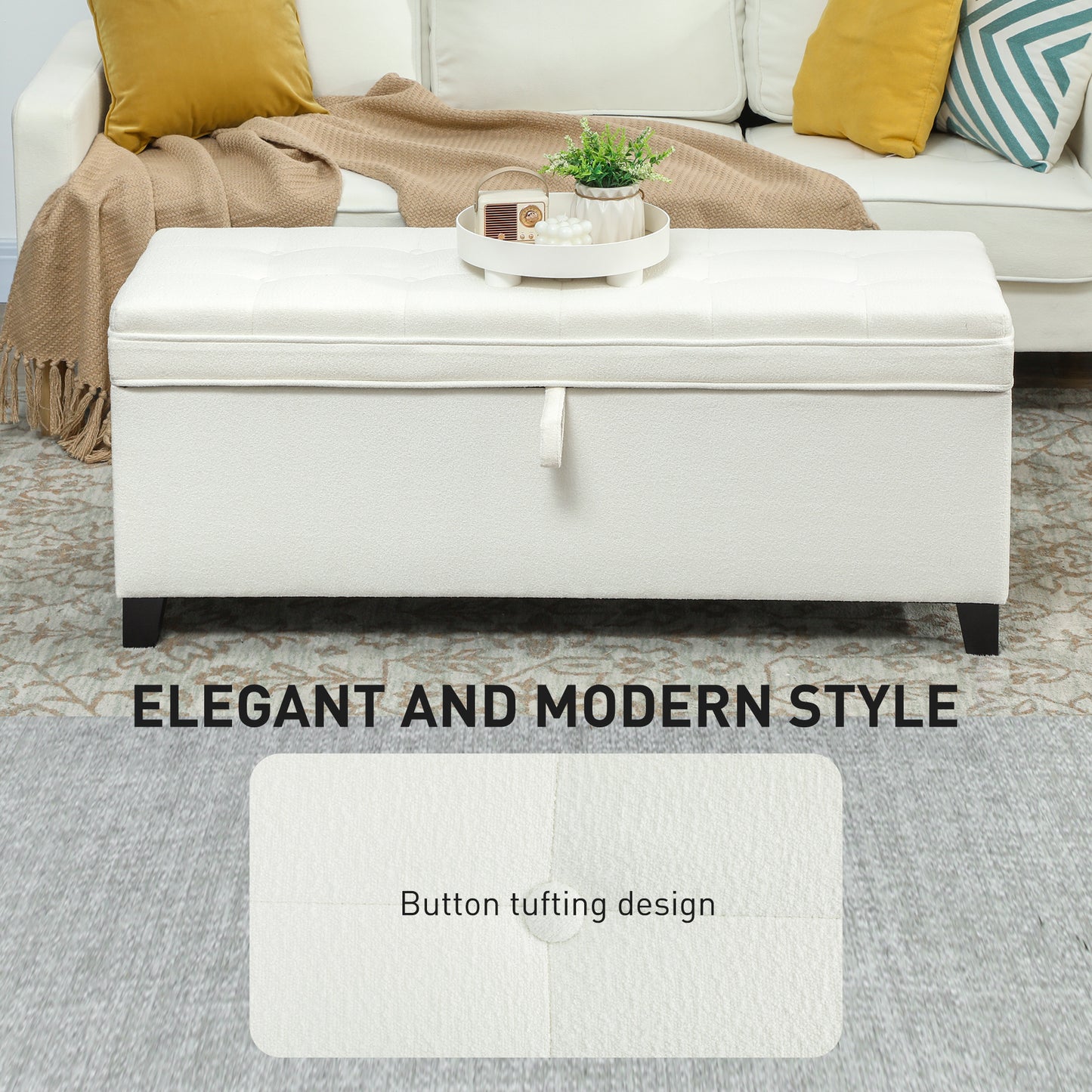 HOMCOM Storage Ottoman Bench, Foot Rest with Safety Hinges, 47 Inches Linen Storage Chest for Living Room, Dark Grey