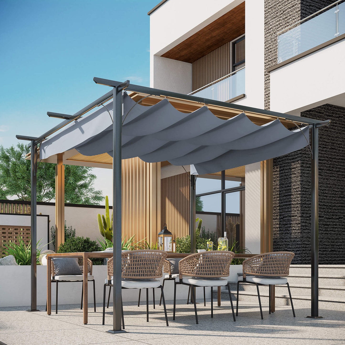 Outsunny 10' x 10' Outdoor Retractable Pergola Canopy, Metal Patio Shade Shelter for Backyard, Porch Party, Garden, Grill Gazebo, Grey