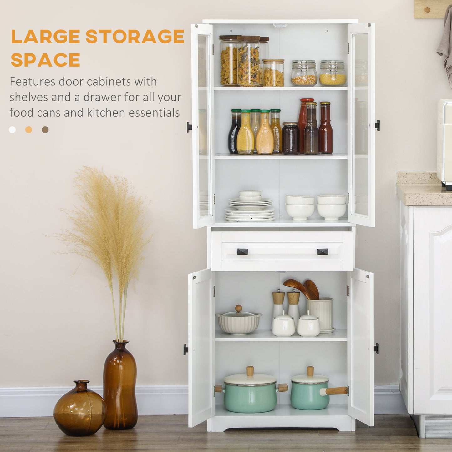 HOMCOM 63" 4-Door Kitchen Pantry Cabinet, Freestanding Storage Cabinet Cupboard with Adjustable Shelves, White