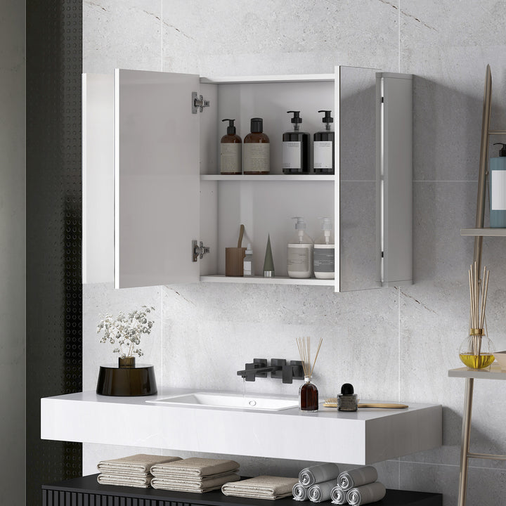 kleankin 28" x 24" Wall Mounted Mirror Cabinet, Bathroom Medicine Cabinet with Mirror, 3 Doors and Adjustable Shelves, White