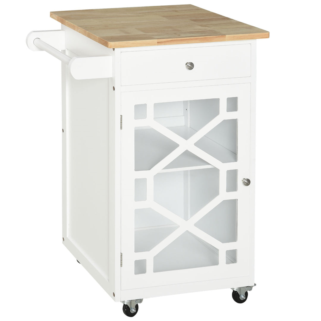 HOMCOM Kitchen Cart on Wheels, Rolling Kitchen Island with Drawer, Glass Door, Towel Rack and Adjustable Shelf, White