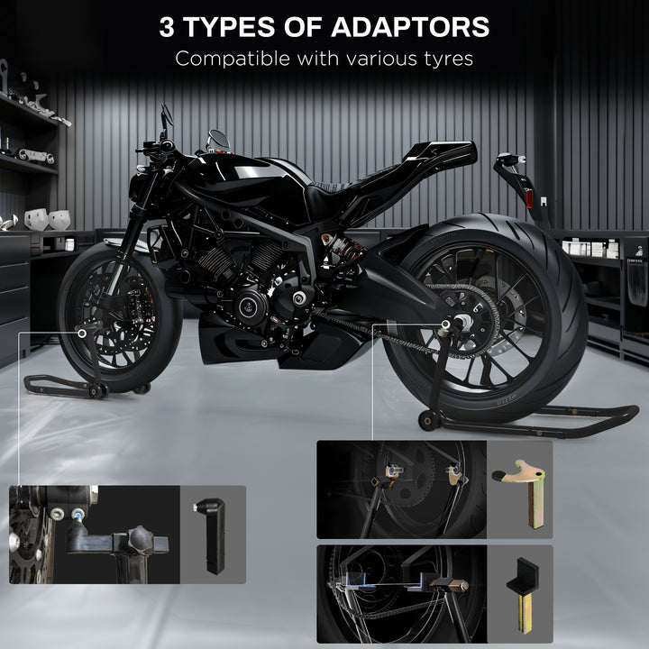 HOMCOM Convertible Motorcycle Stand, Front & Rear Motorcycle Lift with 3 Types of Adaptors, Universal Paddock Lift Stand, Black