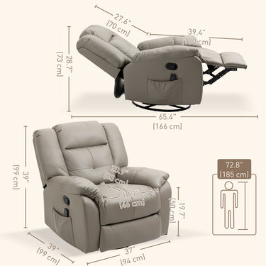 HOMCOM 8-Point Vibration Massage Recliner Chair for Living Room, PU Leather 360° Swivel Manual Reclining Sofa Rocking Chair with Remote Control, Side Pockets, Grey