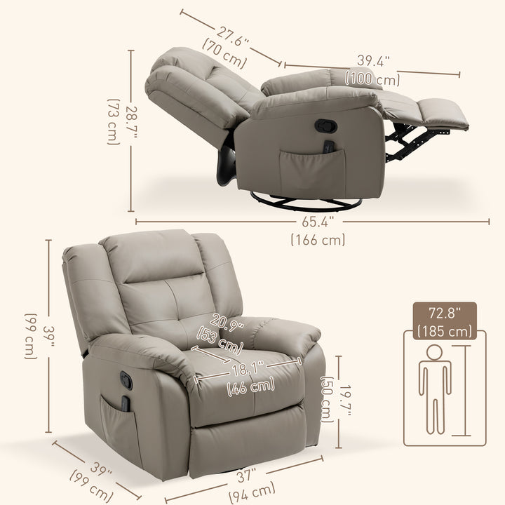 HOMCOM 8-Point Vibration Massage Recliner Chair for Living Room, PU Leather 360° Swivel Manual Reclining Sofa Rocking Chair with Remote Control, Side Pockets, Grey