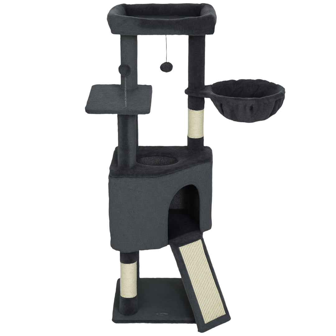 PawHut 47 Inch Cat Tree, Cat Tower for Indoor Cats with Cozy Condo, Bed, Toy Balls, Sisal Scratching Posts, Hammock, Dark Grey