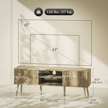 HOMCOM TV Stand for 65 Inch Television, Entertainment Center with Adjustable Shelves and Pine Wood Legs for Living Room, Oak