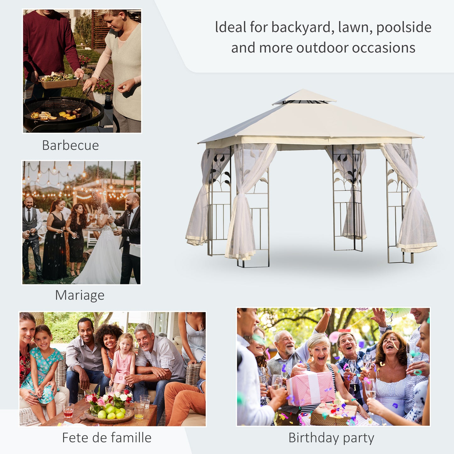 Outsunny 10'x10' Soft-top Steel Patio Gazebo Outdoor Sun Shelter with 2-Tier Polyester Roof, Curtain Sidewalls, White