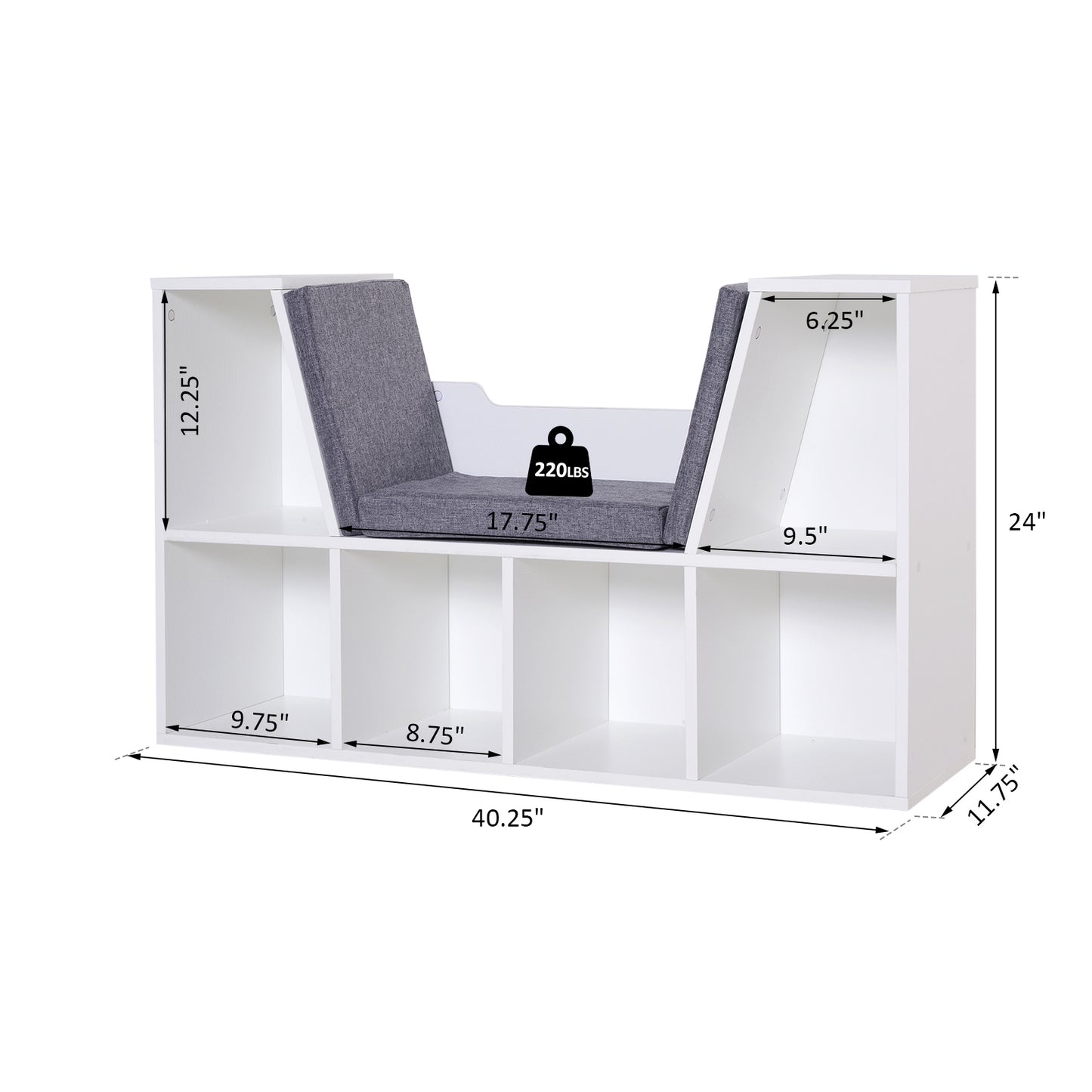 HOMCOM 6-Cubby Bookcase with Seat Cushion, Cube Storage Shelf with Reading Nook for Home Office, Study, Grey