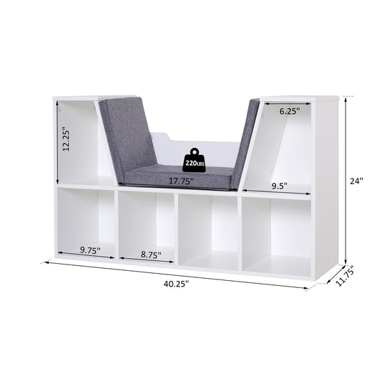 HOMCOM 6-Cubby Bookcase with Seat Cushion, Cube Storage Shelf with Reading Nook for Home Office, Study, Grey
